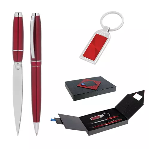 310 Kırmızı Hediyelik Set - Metal Tükenmez Kalem - Metal Anahtarlık - Zarf Açacağı