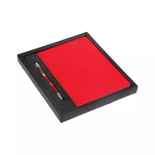 930-K Kırmızı Hediyelik Set - 15x21 Not Defteri Metal Tükenmez Kalem