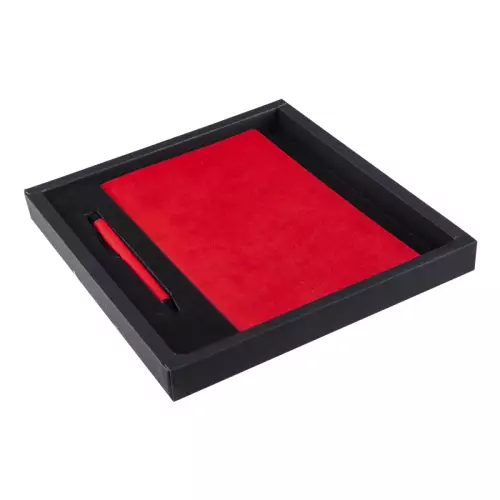 2280-K Kırmızı Hediyelik Set - 13x21 Renkli Kenar Not Defteri Metal Tükenmez Kalem